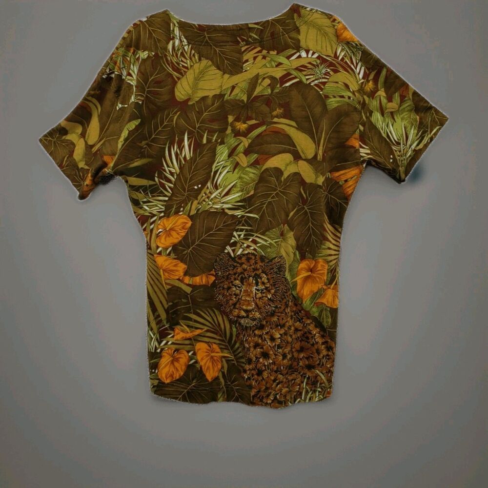 Vtg Salvatore Ferragamo Jaguar Jungle T-Shirt Size XS Green Multi Made In Italy - Picture 4 of 8
